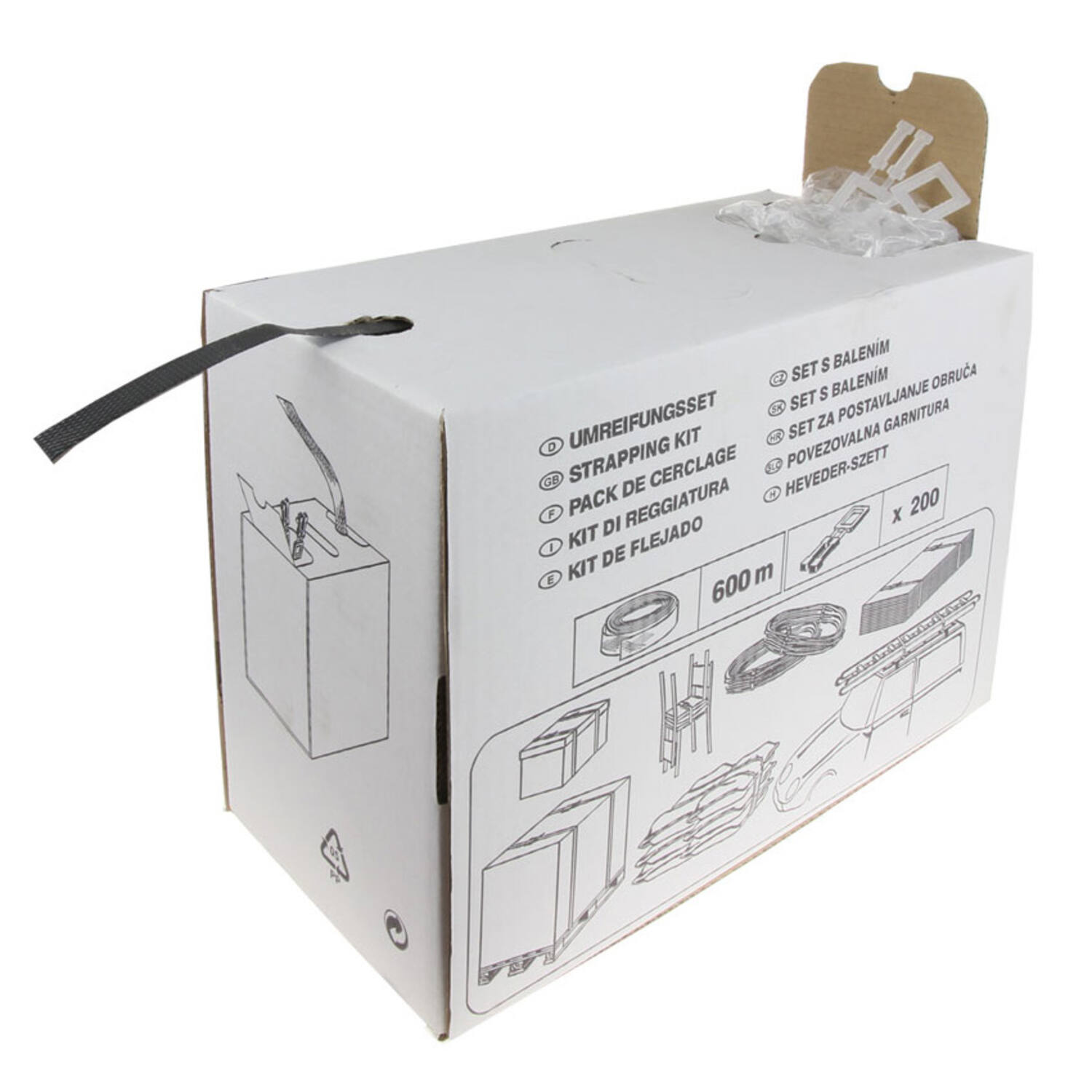PP band 12/55 zwart 600m + 200 kunststof gespen