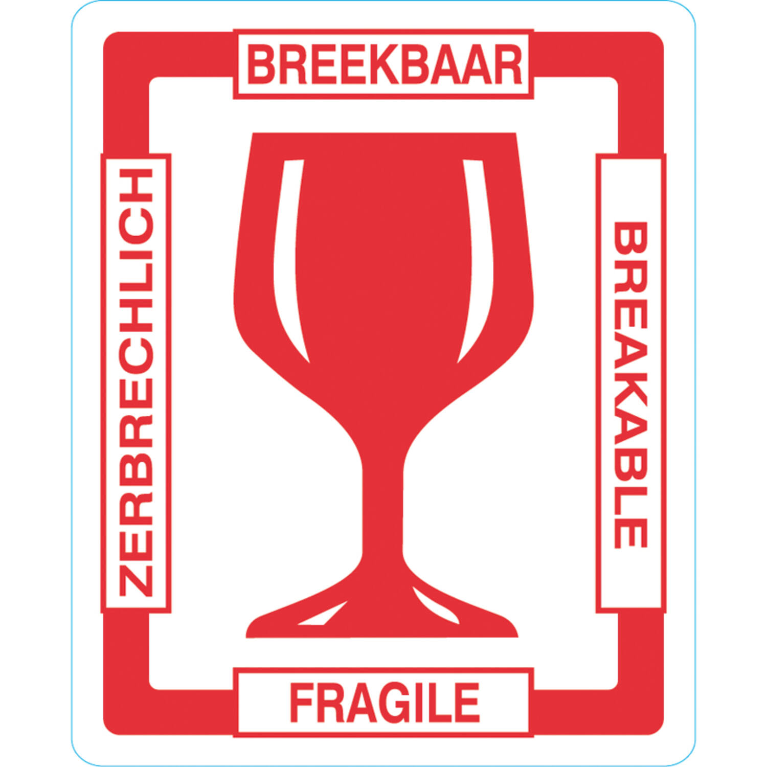 Etiket 'BREEKBAAR glas' 4 talen