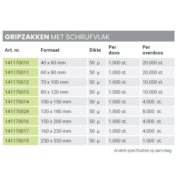 Gripzakken 300x400mm 50 my transparant met schrijfvlak
