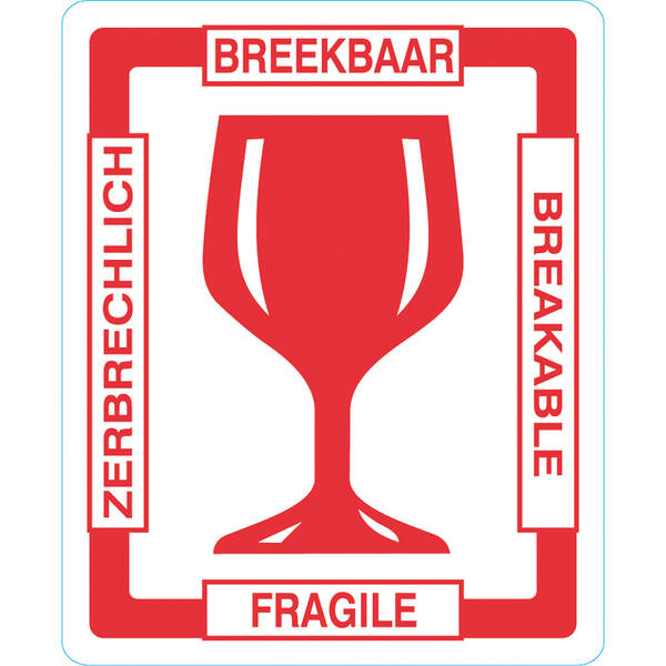 Etiket 'BREEKBAAR glas' 4 talen